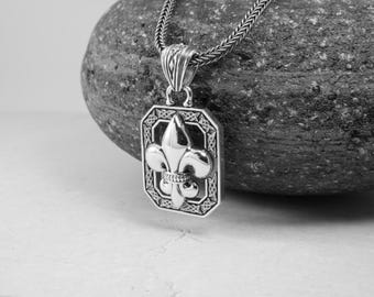 Octagon Fleur De Lis Knot Pendant, Celtic Charm, Lilly Flower, Sterling Silver 925