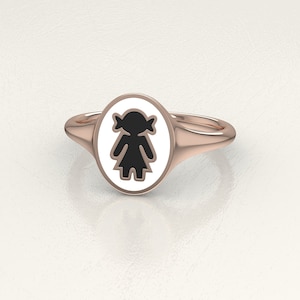 Baby Girl, Black White, Enamel Ring, Solid Gold, 9k, 14k, 18k, Pinky Signet Ring, Oval Shape, Women Gift, Bestfriend Gift, Little  Girl Ring