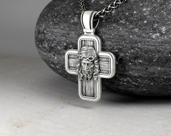Jesus Christ Cross Pendant, Jesus Crucifix Necklace, INRI Cross, Religious Medallion, Christian Silver Jewelry