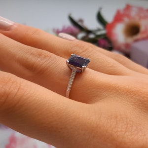 Emerald Cut 6X8 Amethyst Engagement Ring, Silver Ring, Amethyst Ring, Simulated Diamond Engagement Ring, Anniversary Gift, Engagement