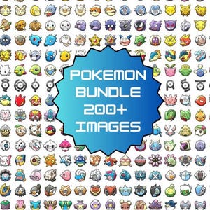 Könnte beinhalten: Eine Sammlung verschiedener Pokémon-Charakterillustrationen. Das Bild zeigt ein blau-weißes Textfeld mit der Aufschrift "Pokemon Bundle 200+ Images". Der Hintergrund ist mit zahlreichen bunten Pokémon-Charakteren gefüllt.