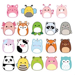 Könnte beinhalten: Eine Sammlung von zwanzig bunten Plüschtier-Spielzeugen im Cartoon-Stil. Jedes Plüschtier hat ein einzigartiges Design, darunter eine Katze, eine Biene, ein Einhorn, ein Axolotl, ein Reh, ein Waschbär und ein Panda. Die Spielzeuge sind in verschiedenen Farben wie Rosa, Gelb, Blau und Braun gehalten.