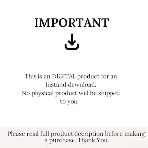 Puede incluir: Texto sobre un fondo blanco que dice "IMPORTANT" con un icono de flecha hacia abajo. El texto debajo dice "Este es un producto DIGITAL para una descarga instant&aacute;nea. No se enviar&aacute; ning&uacute;n producto f&iacute;sico. Por favor, lea la descripci&oacute;n completa del producto antes de realizar una compra. Gracias."