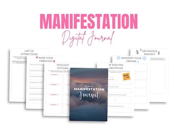May include: A digital manifestation journal with a cloudy sky background. The journal includes pages for listing attractions, raising your vibration, thought patterns, manifesting your dreams, 10 minutes of gratitude, and an abundance mindset.