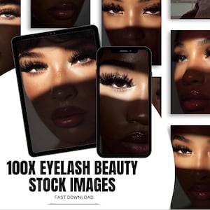 May include: A collage of images featuring close-up shots of a person's face with dramatic eyelashes and glossy lips. A tablet and a smartphone display similar images. Text reads "100X EYELASH BEAUTY STOCK IMAGES FAST DOWNLOAD."