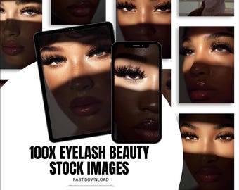 May include: A collage of images featuring close-up shots of a person's face with dramatic eyelashes and glossy lips. A tablet and a smartphone display similar images. Text reads "100X EYELASH BEAUTY STOCK IMAGES FAST DOWNLOAD."