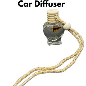 May include: A clear glass car diffuser with a gold string hanging from the top. The diffuser is shaped like a heart and has a wooden cap. The text "Soft Girl Era Car Diffuser" is written above the image.