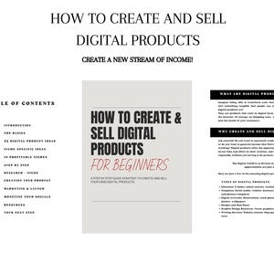 May include: A gray and white digital product guide with the title "How to Create & Sell Digital Products for Beginners". The guide includes a table of contents with topics such as "Introduction", "The Basics", "25 Digital Product Ideas", "Niche Specific Ideas", "10 Profitable Niches", "Step by Step", "Research Niche", "Creation Your Product", "Marketing & Launch", "Monetize Your Socials", "Resources", and "Your Next Step".