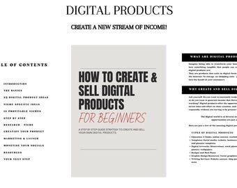 Puede incluir: Una guía de productos digitales gris y blanca con el título "Cómo crear y vender productos digitales para principiantes". La guía incluye una tabla de contenido con temas como "Introducción", "Lo básico", "25 ideas de productos digitales", "Ideas específicas de nicho", "10 nichos rentables", "Paso a paso", "Investigación de nicho", "Creación de tu producto", "Marketing y lanzamiento", "Monetizar tus redes sociales", "Recursos" y "Tu próximo paso".