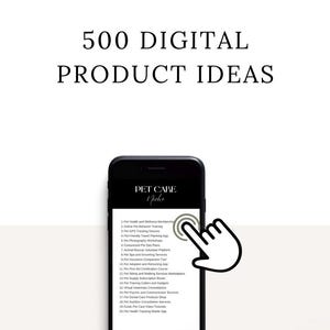 Puede incluir: Un tel&eacute;fono inteligente negro que muestra una lista de 500 ideas de productos digitales para un nicho de negocio de cuidado de mascotas. La lista incluye ideas para membres&iacute;as de salud y bienestar para mascotas, entrenamiento de mascotas en l&iacute;nea, fotograf&iacute;a de mascotas, servicios de aseo para mascotas y m&aacute;s.