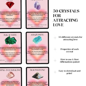 50 cartas de afirmación de cristales para atraer el amor: baraja de manifestación para el amor propio, el romance y la energía positiva, descarga digital, PDF