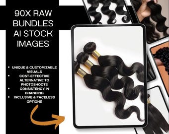 May include: An image showcasing bundles of black wavy hair extensions. The image is on a white background, with additional images of hair extensions in the background. Text on the left side reads "90X RAW BUNDLES AI STOCK IMAGES".