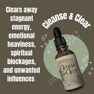 Puede incluir: Un frasco cuentagotas de vidrio transparente con tapa negra y una etiqueta que dice Cleanse & Clear, Dopesouldopespirit y Remove stagnant, heavy, or unwanted energy. El texto Clears away stagnant energy, emotional heaviness, spiritual blockages, and unwanted influences se muestra junto al frasco.