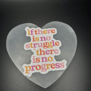 May include: A heart-shaped clear crystal with a sticker that reads "if there is no struggle there is no progress". The sticker has pink, orange, and yellow lettering.