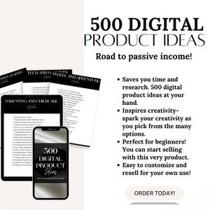 Puede incluir: Una gu&iacute;a de ideas de productos digitales en blanco y negro con el t&iacute;tulo "500 ideas de productos digitales" y el lema "&iexcl;Camino hacia ingresos pasivos!" La gu&iacute;a incluye listas de ideas de productos para varias categor&iacute;as, como educaci&oacute;n, crianza de los hijos y viajes.