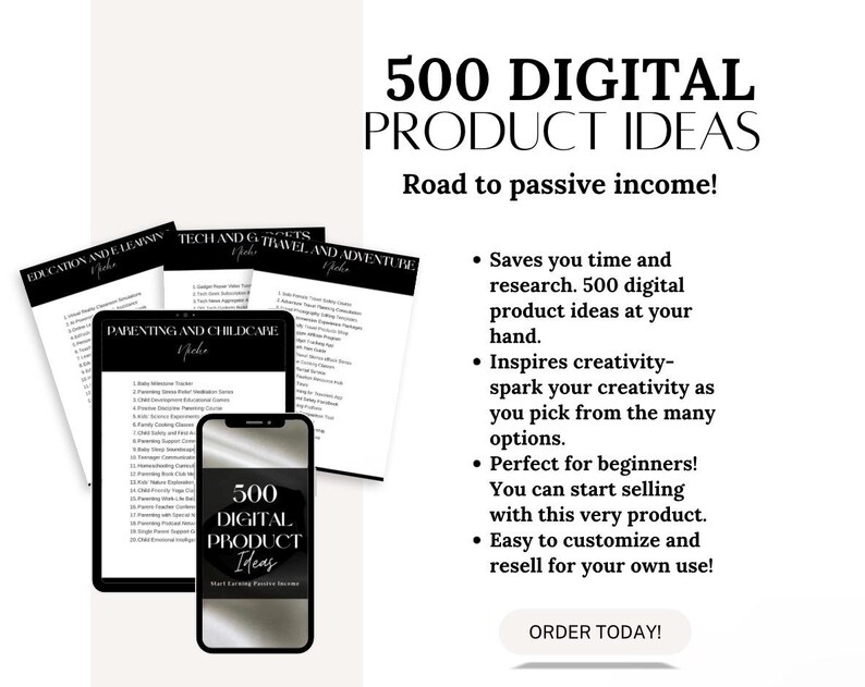 Puede incluir: Una gu&iacute;a de ideas de productos digitales en blanco y negro con el t&iacute;tulo "500 ideas de productos digitales" y el lema "&iexcl;Camino hacia ingresos pasivos!" La gu&iacute;a incluye listas de ideas de productos para varias categor&iacute;as, como educaci&oacute;n, crianza de los hijos y viajes.