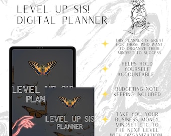 Op de afbeelding: Digitale planner met vlindergraphics en de tekst "LEVEL UP SIS! DIGITAL PLANNER". De planner bevat budgetteringsnotities en helpt bij de organisatie. De afbeelding bevat ook de tekst "TAKE YOU, YOUR BUSINESS, MONEY, MINDSET ETC TO THE NEXT LEVEL WITH ORGANISATION!"