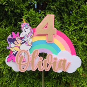 Minnie Mouse and Unicorn Theme Cake Topper With Name and Age