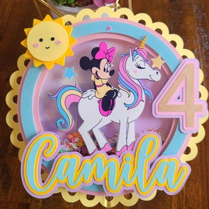 Unicorn & Minnie Mouse Theme Shaker Cake Topper With Name and Age