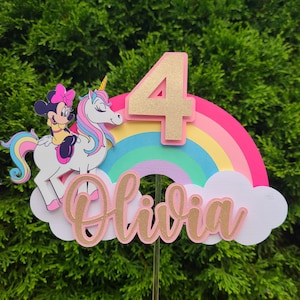 Minnie Mouse on Unicorn Theme Cake Topper With Name and Age