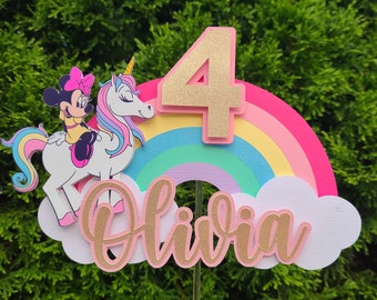 Topper na tort z motywem Myszki Minnie i jednorożca z imieniem i wiekiem