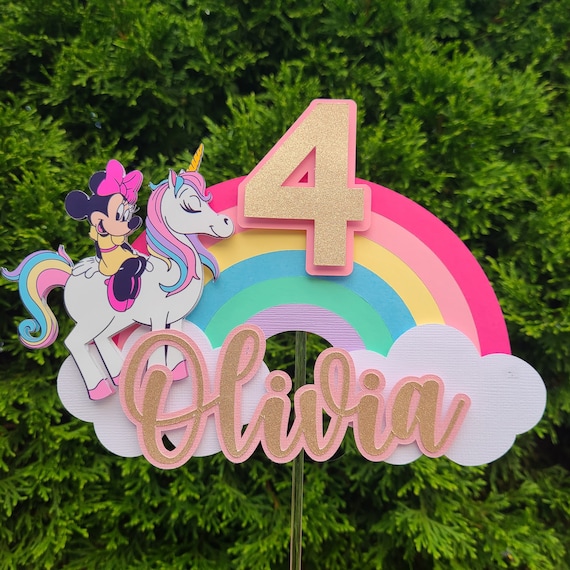 Minnie Mouse on Unicorn Theme Cake Topper With Name and Age Etsy