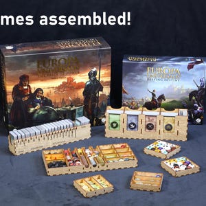 May include: A wooden board game organizer set for Europa Universalis: The Price of Power and Defying Destiny, featuring laser-cut trays for cards, tokens, and game pieces. The set includes various rectangular and square compartments. Comes assembled!