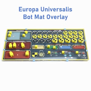 Könnte beinhalten: Ein gelbes und schwarzes Europa Universalis Bot Mat Overlay mit verschiedenen Token und Markern. Das Overlay hat Bereiche für Bot Power, Manpower Reserve, Army, Focus, Politics, Ideas und War.