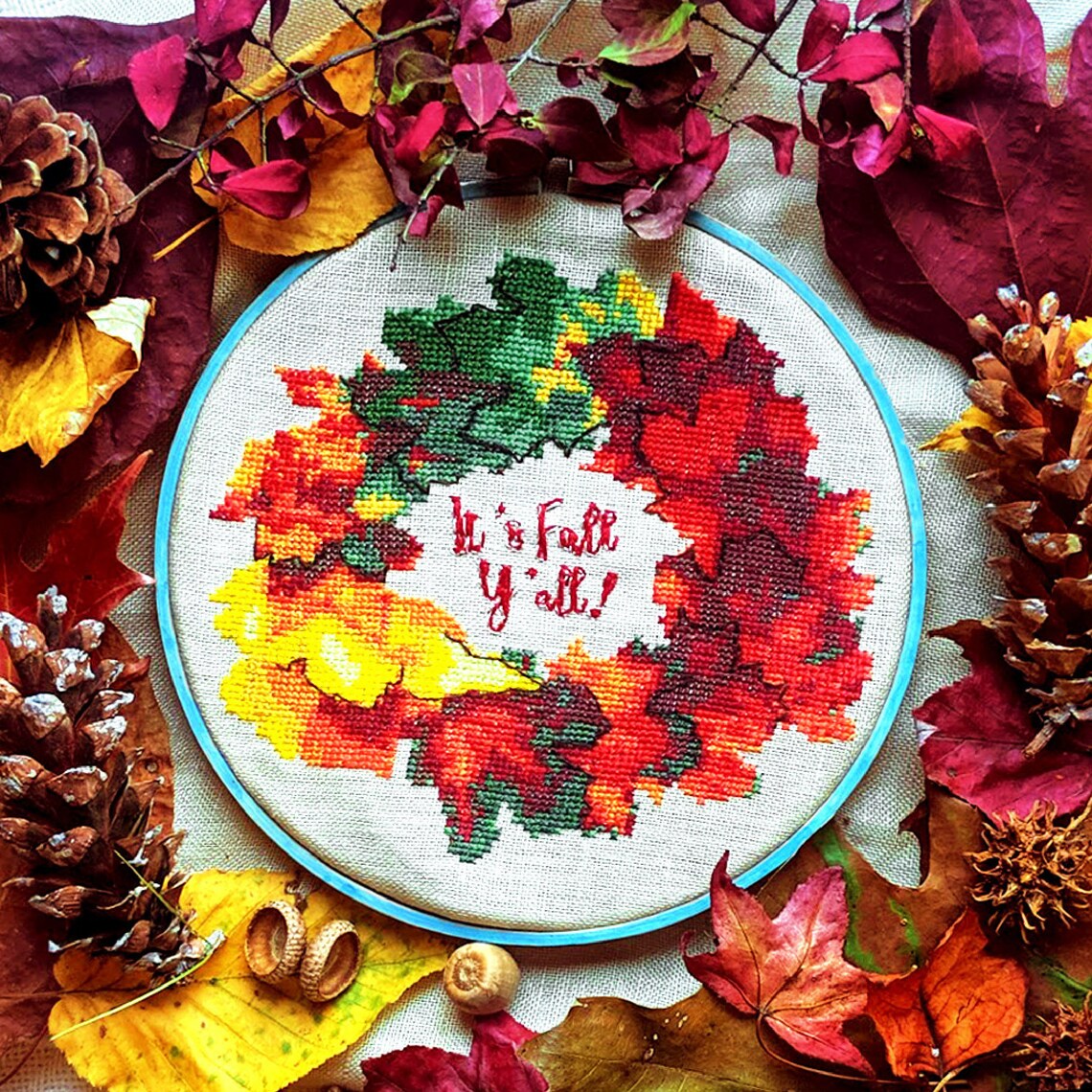 Autumn Leaf Wreath Cross Stitch Pattern | Circle Cross Stitch Pattern ...