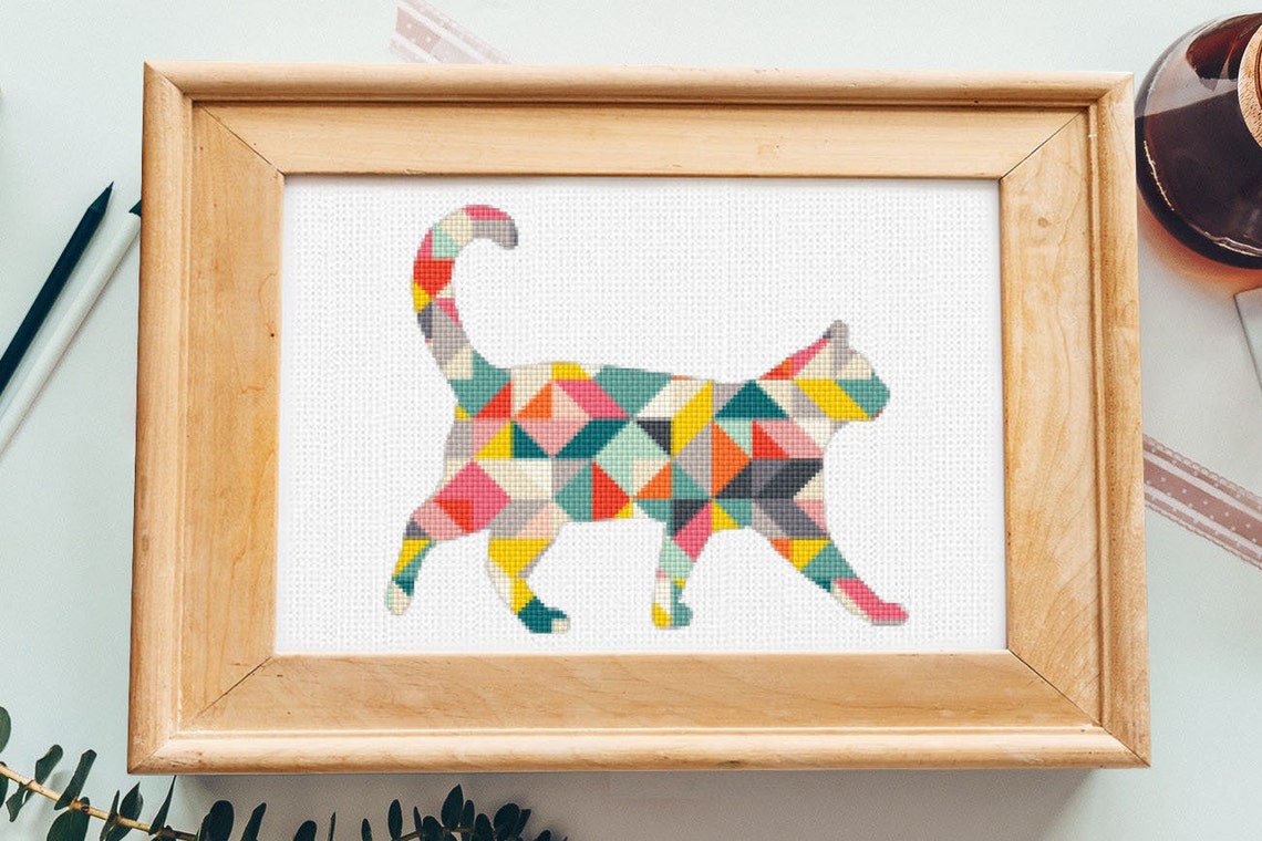 Geometric Cat Cross Stitch Pattern Modern Cat Silhouette Etsy