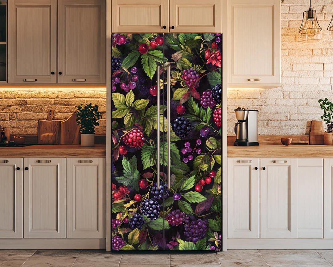 Botanical Berries Design Fridge Vinyl Wrap, Vintage Floral Refrigerator ...