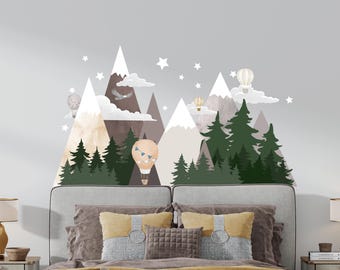 Mountain Wall Decal: Woodland Nursery Decor with Hot Air Balloons