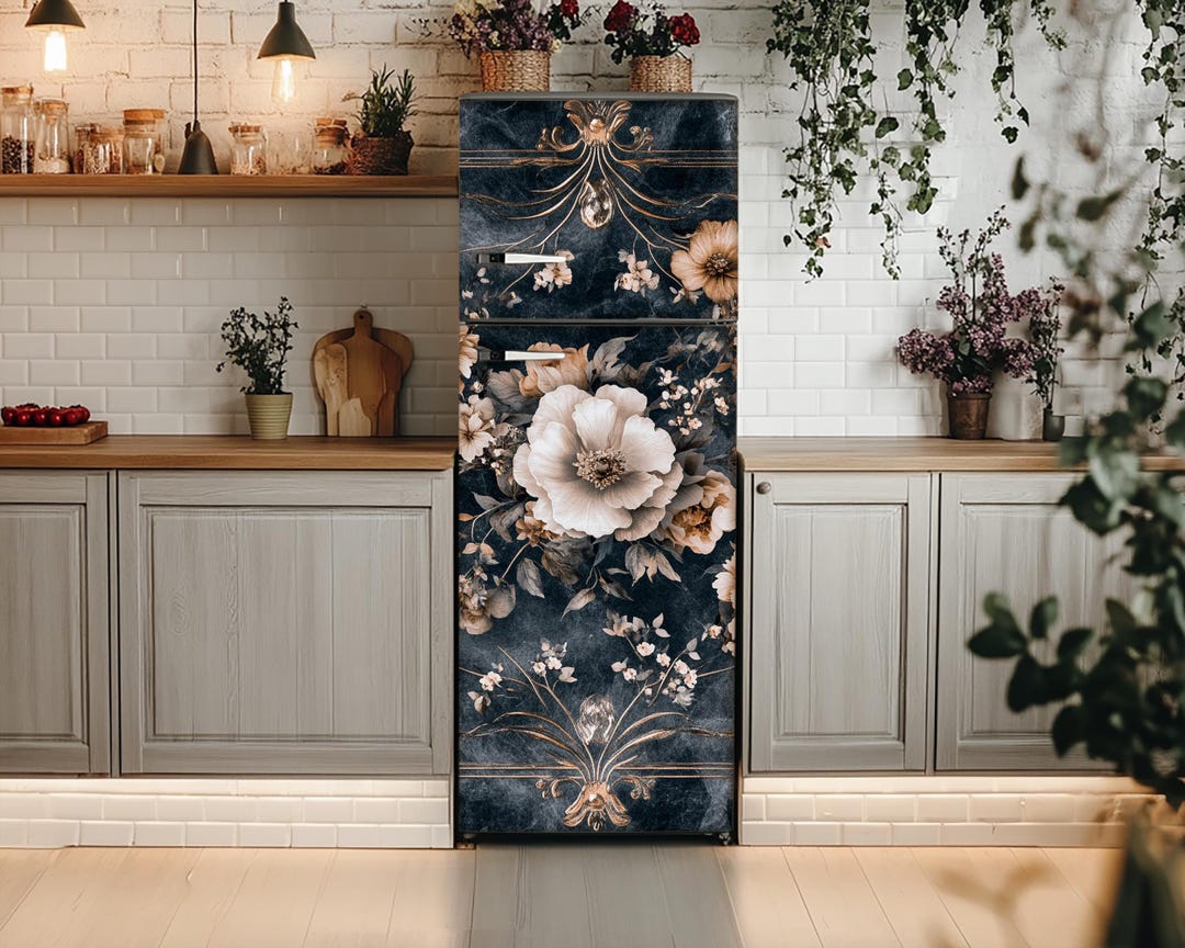 Floral Marble Refrigerator Wrap: Peony Flowers Vinyl Fridge Skin Cover ...