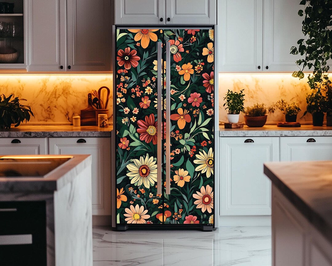 Wildflowers Pattern Fridge Vinyl Wrap: Vintage Floral Design Skin Cover ...