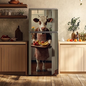 May include: A refrigerator with a cow wearing an apron holding a tray of fruit. The cow is standing in a kitchen setting. The refrigerator has a stainless steel finish. The cow is wearing a brown and red checkered apron.