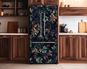 Dark Botanical Fridge Vinyl Decal: Vintage Wildflower Refrigerator Cover Kitchen Decor