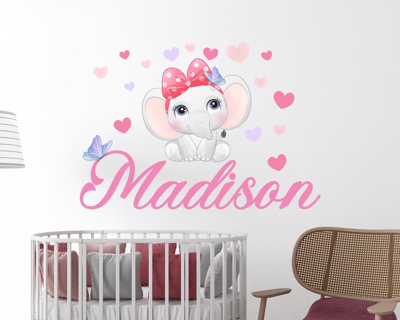 Pink Elephant Script Elephant Baby Girl Name Wall Decal: Watercolor Animal Vinyl Sticker ...