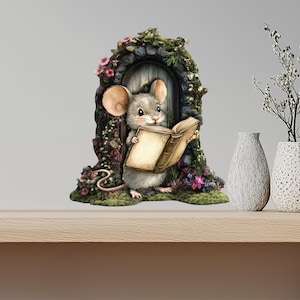 Mouse reading book in hole wall decal, bedroom vinyl decor, cute animal decal nursery, mouse with book vinyl sticker, removable mouse decal