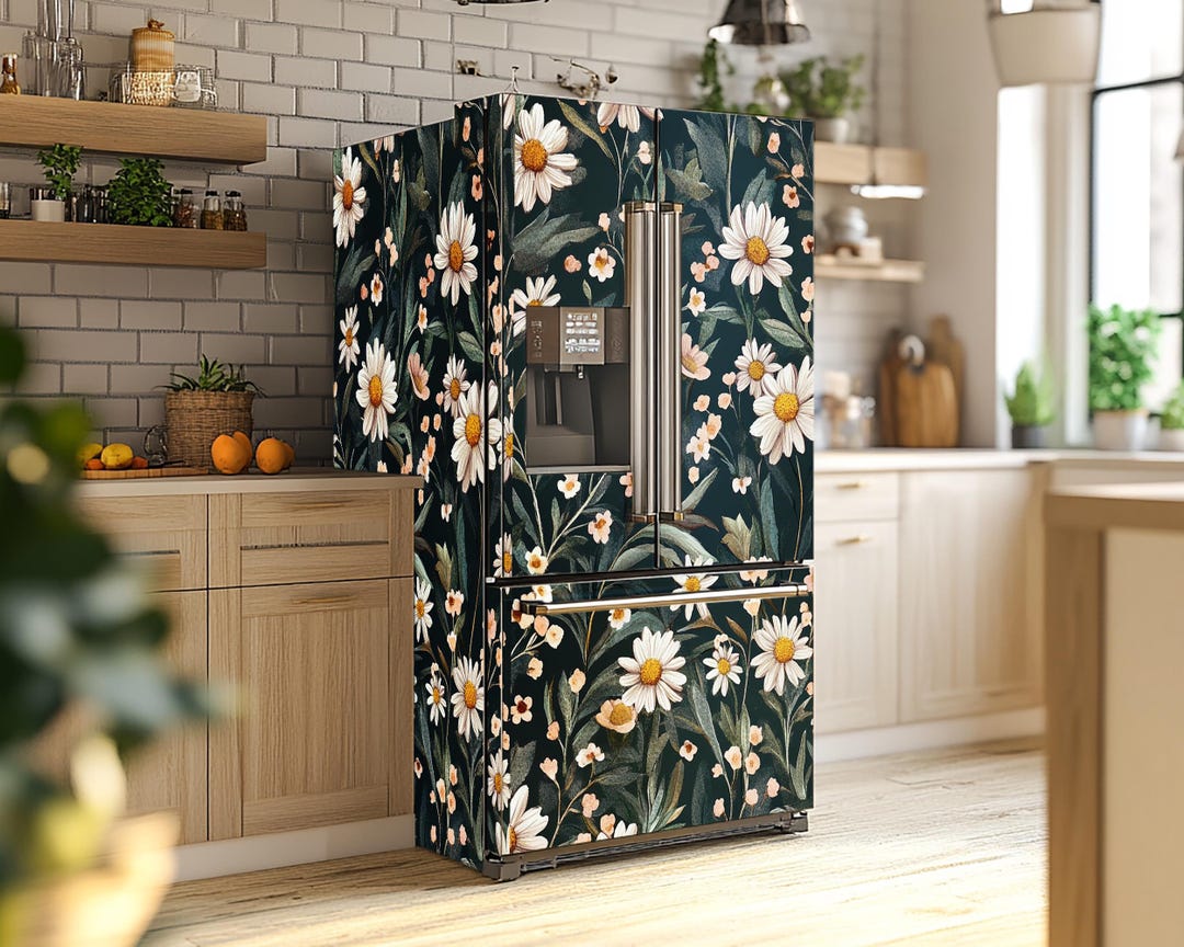Vintage Daisies Fridge Vinyl Wrap: Flowers Design Refrigerator Cover ...