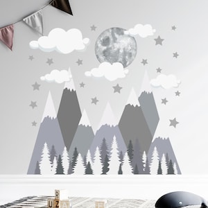 Large grey mountains wall sticker kids room, woodland vinyl decal nursery decor, grey mountain with forest vinyl sticker for children&#39;s room