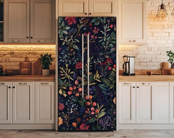 May include: A refrigerator with a floral design on the doors. The design features a dark blue background with red, pink, and purple flowers and leaves.