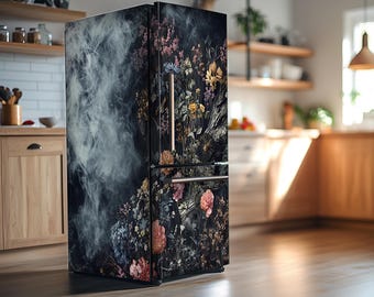 Vintage Floral Fridge Wrap: Dark Botanical Design Refrigerator Vinyl Film Kitchen Decor