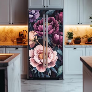 Vintage flowers fridge vinyl wrap, peony flowers refrigerator door cover, floral decorative film for fridge, flowers design kitchen room