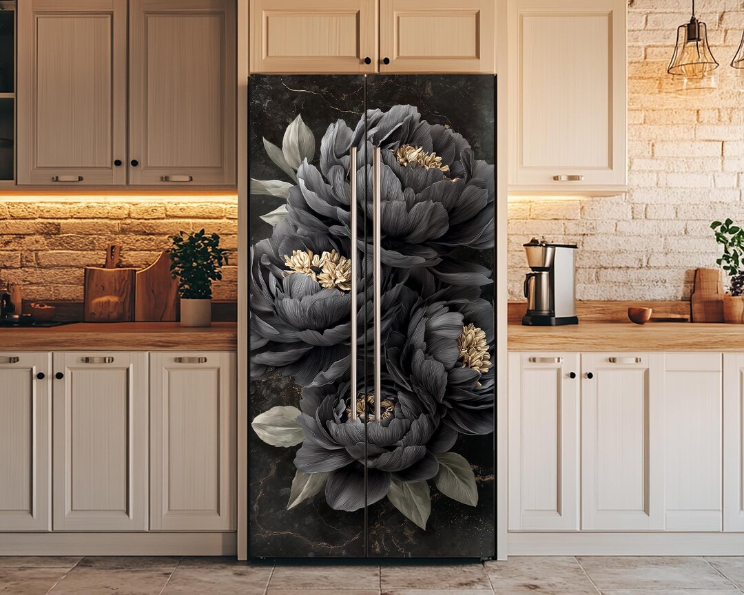 Black Peony Fridge Vinyl Wrap: Floral & Marble Design Refrigerator Skin ...