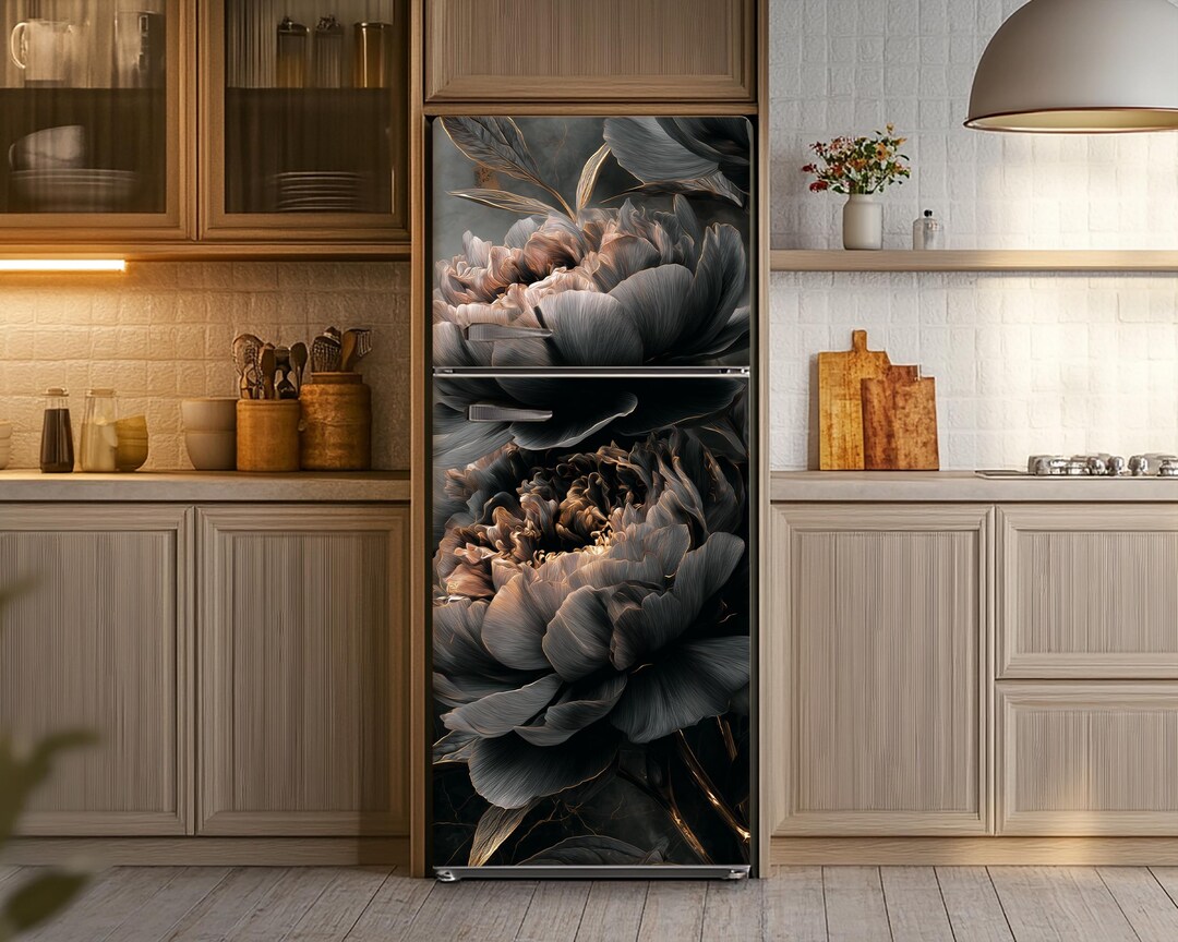 Black Flowers Fridge Vinyl Wrap: Watercolor Floral & Marble Design Skin ...