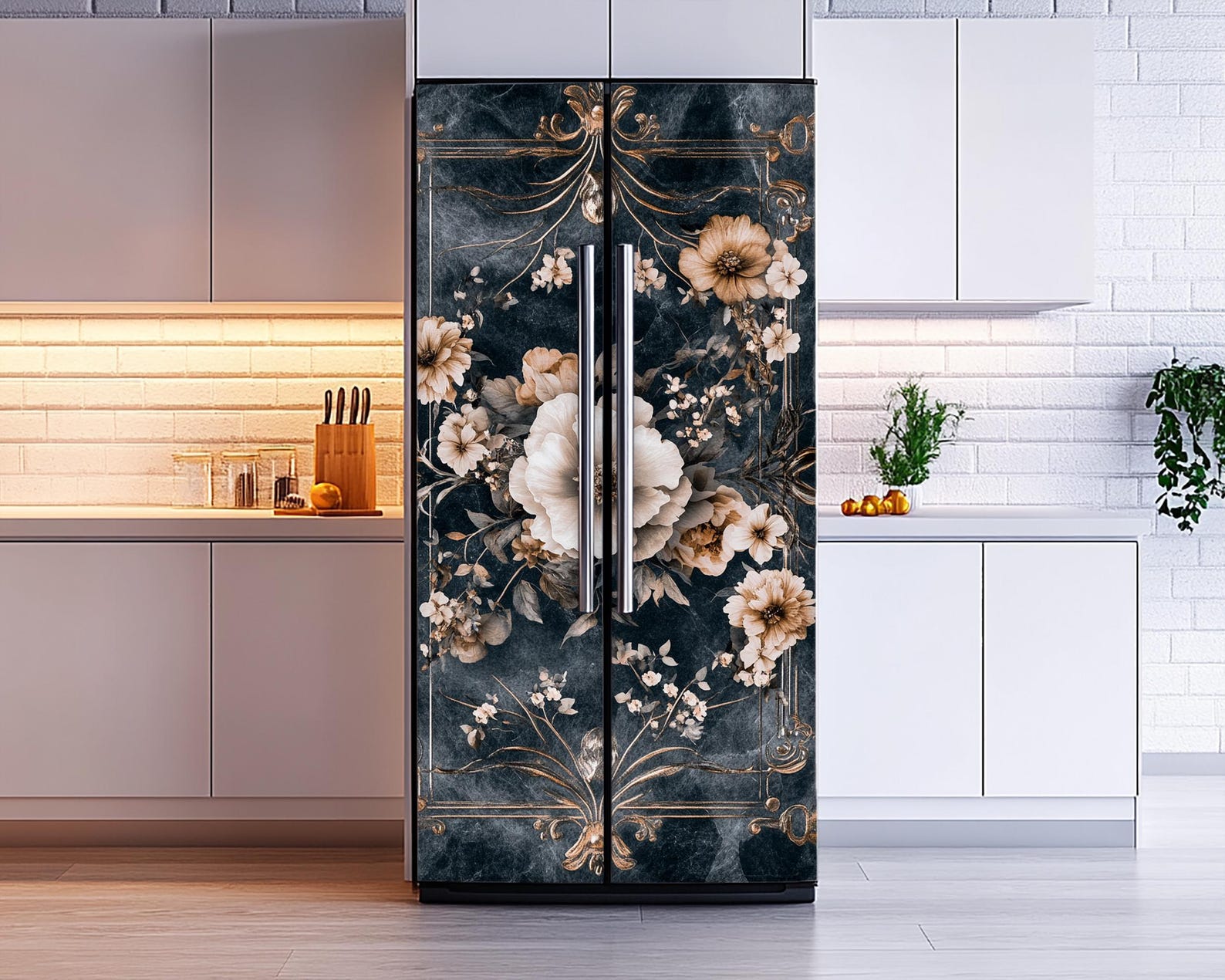 Floral Marble Refrigerator Wrap: Peony Flowers Vinyl Fridge Skin Cover ...