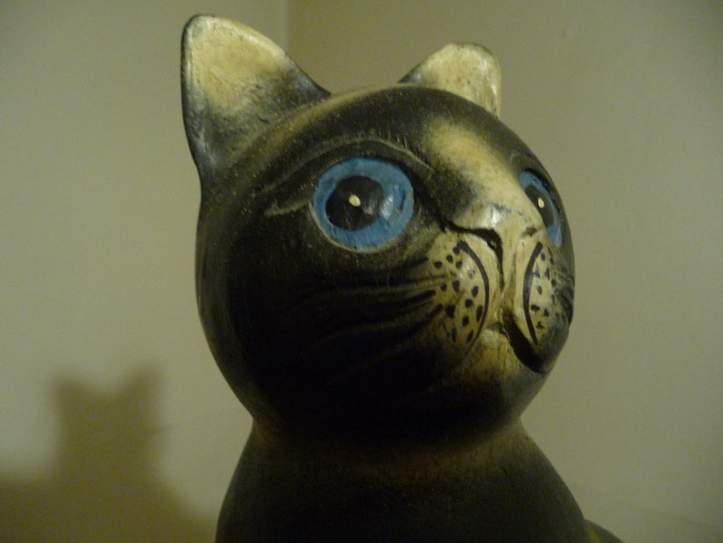 Vintage Wooden Cat Figure Statue Ornament Unique Large Feline Figure