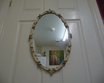 Vintage retro oblongo ovalado espejo de pared oro blanco único arte de la pared sala de estar dormitorio baño espejo de maquillaje colgante de pared de la década de 1960 decoración del hogar