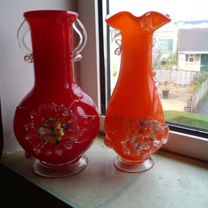 Vintage Two glass Vases VENETIAN Red Orange Handmade crafted vases , Italian Collectable Unique vases, window ornaments, 1970s Home decor