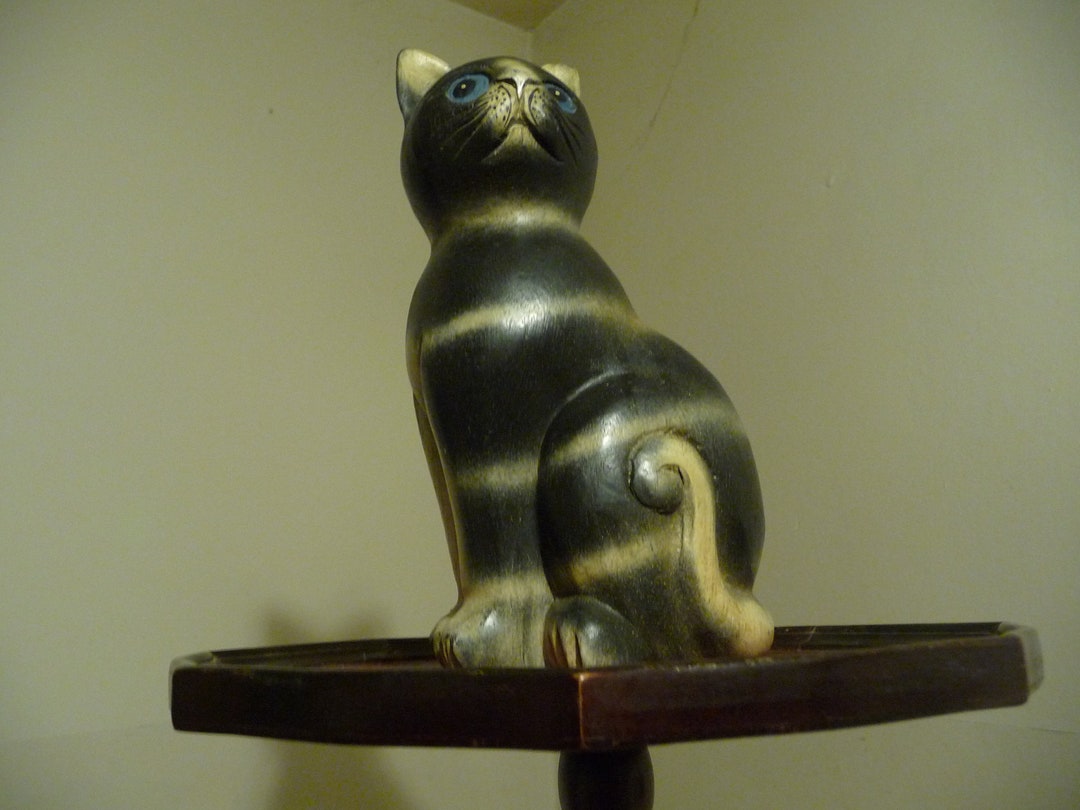 Vintage Wooden Cat Figure Statue Ornament Unique Large Feline Figure